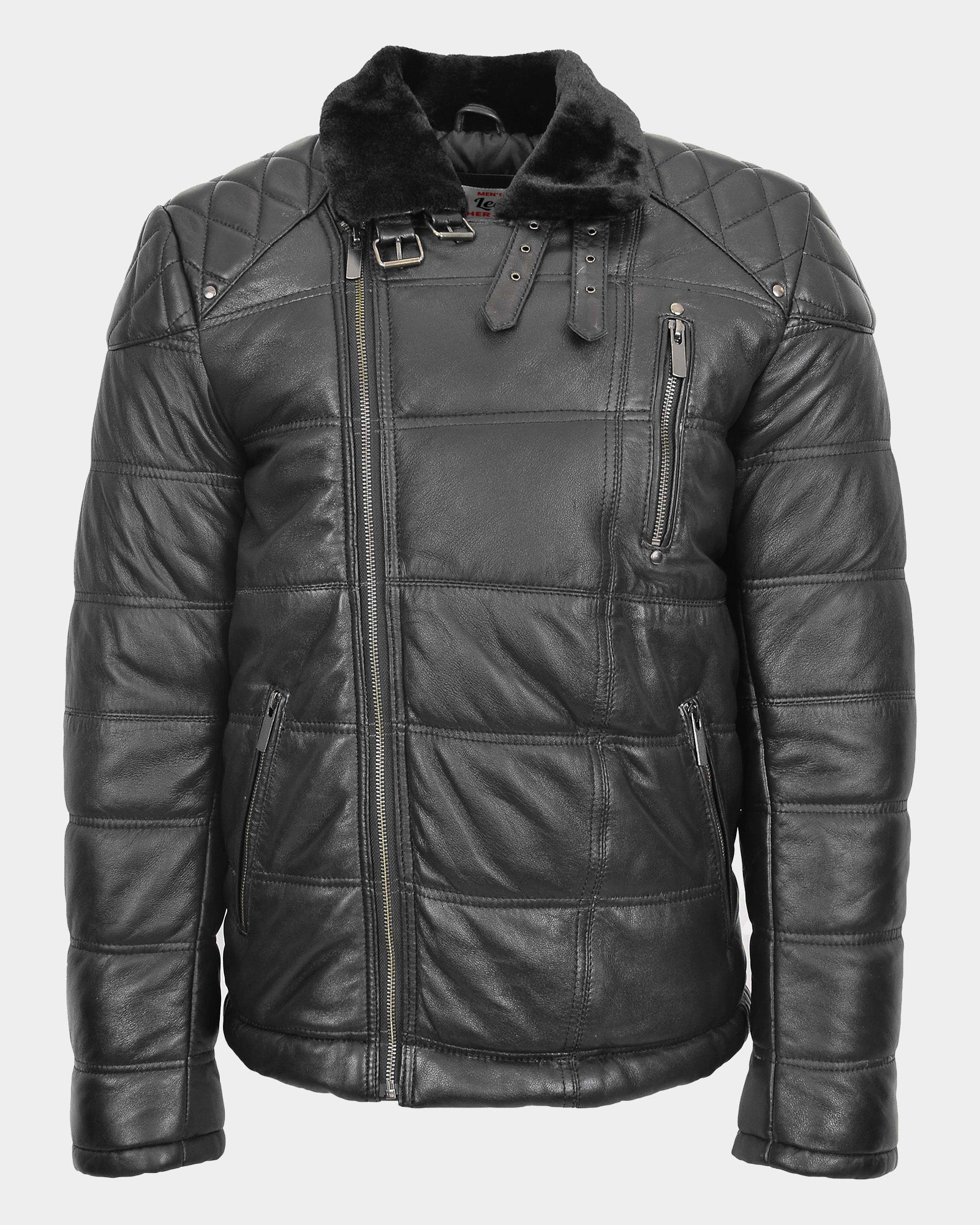 Mens Leather Biker Style Puffer Jacket Ronnie Nova Black