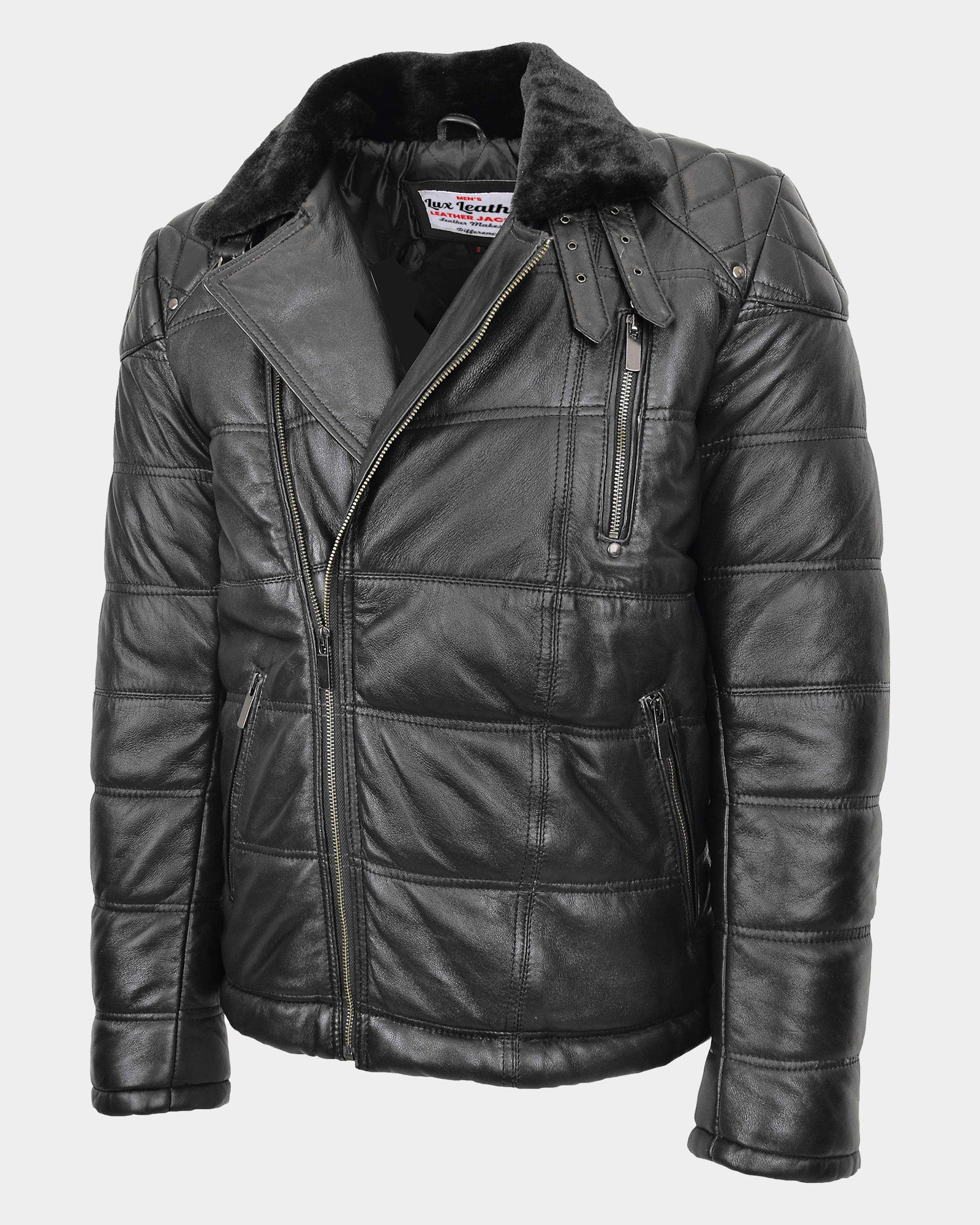 Mens Leather Biker Style Puffer Jacket Ronnie Nova Black
