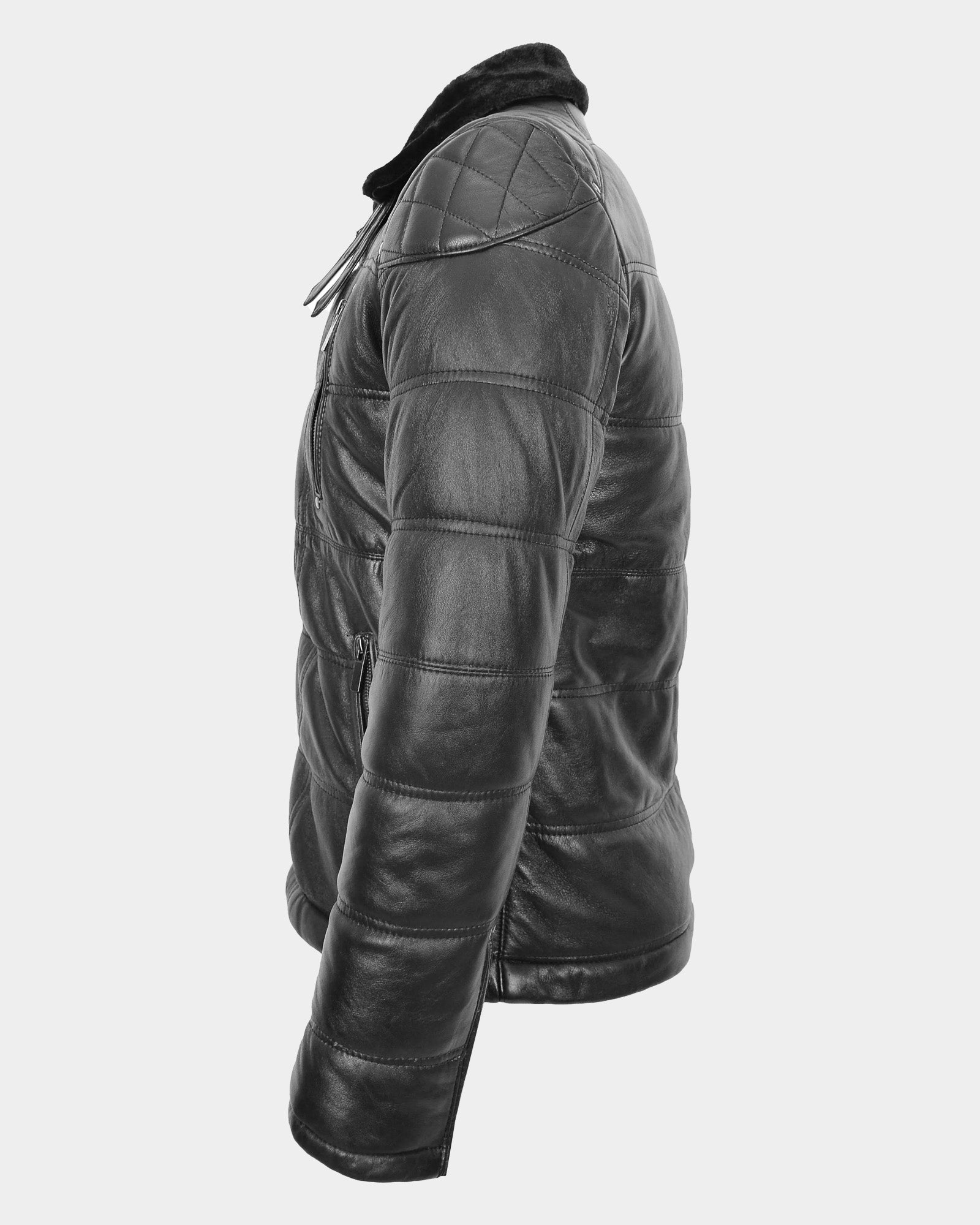 Mens Leather Biker Style Puffer Jacket Ronnie Nova Black