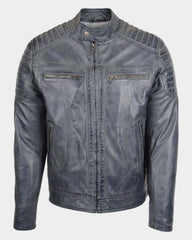 Mens Leather Biker Style Zip Jacket Eddie Essence Grey Two Tone