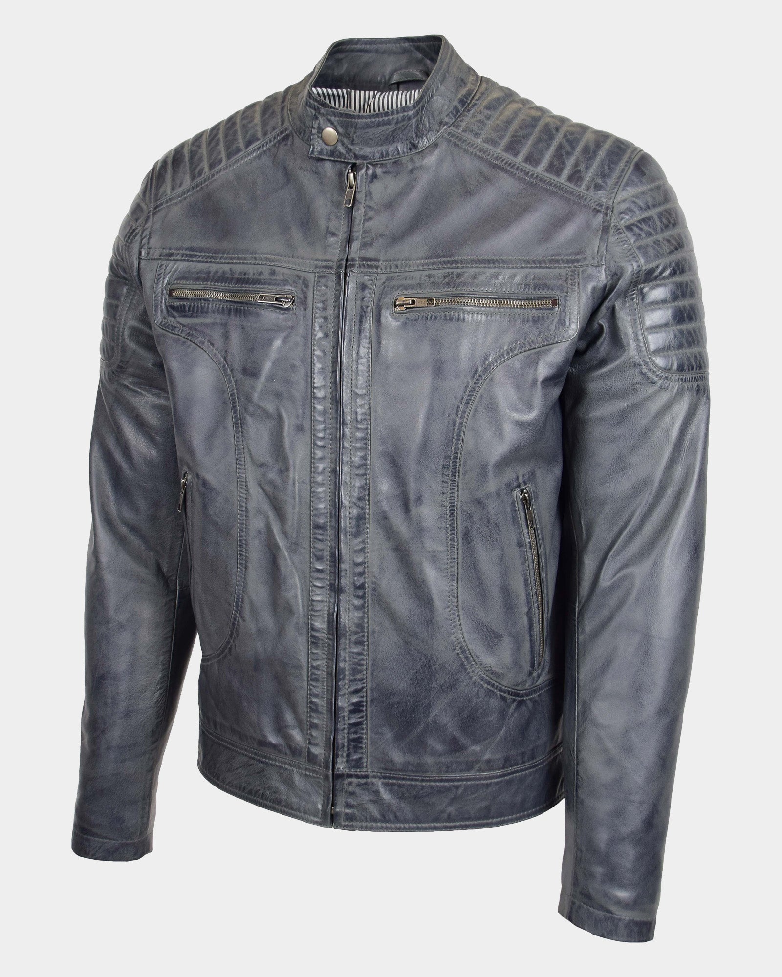 Mens Leather Biker Style Zip Jacket Eddie Essence Grey Two Tone