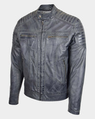Mens Leather Biker Style Zip Jacket Eddie Essence Grey Two Tone