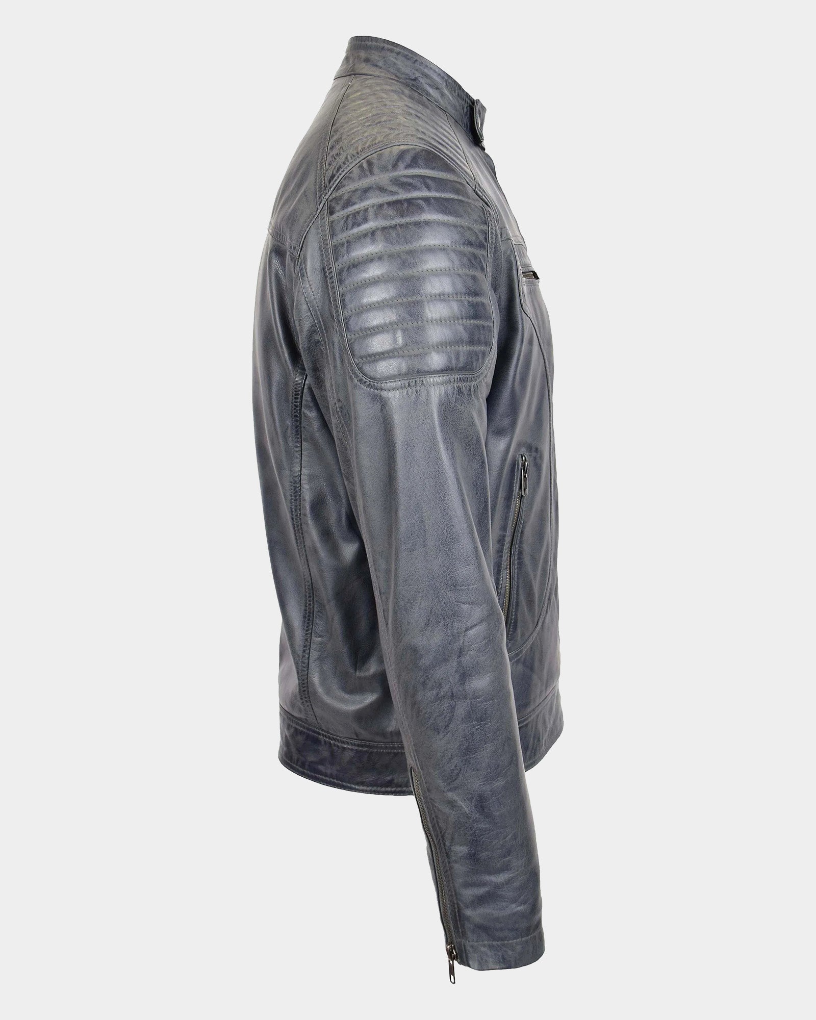 Mens Leather Biker Style Zip Jacket Eddie Essence Grey Two Tone