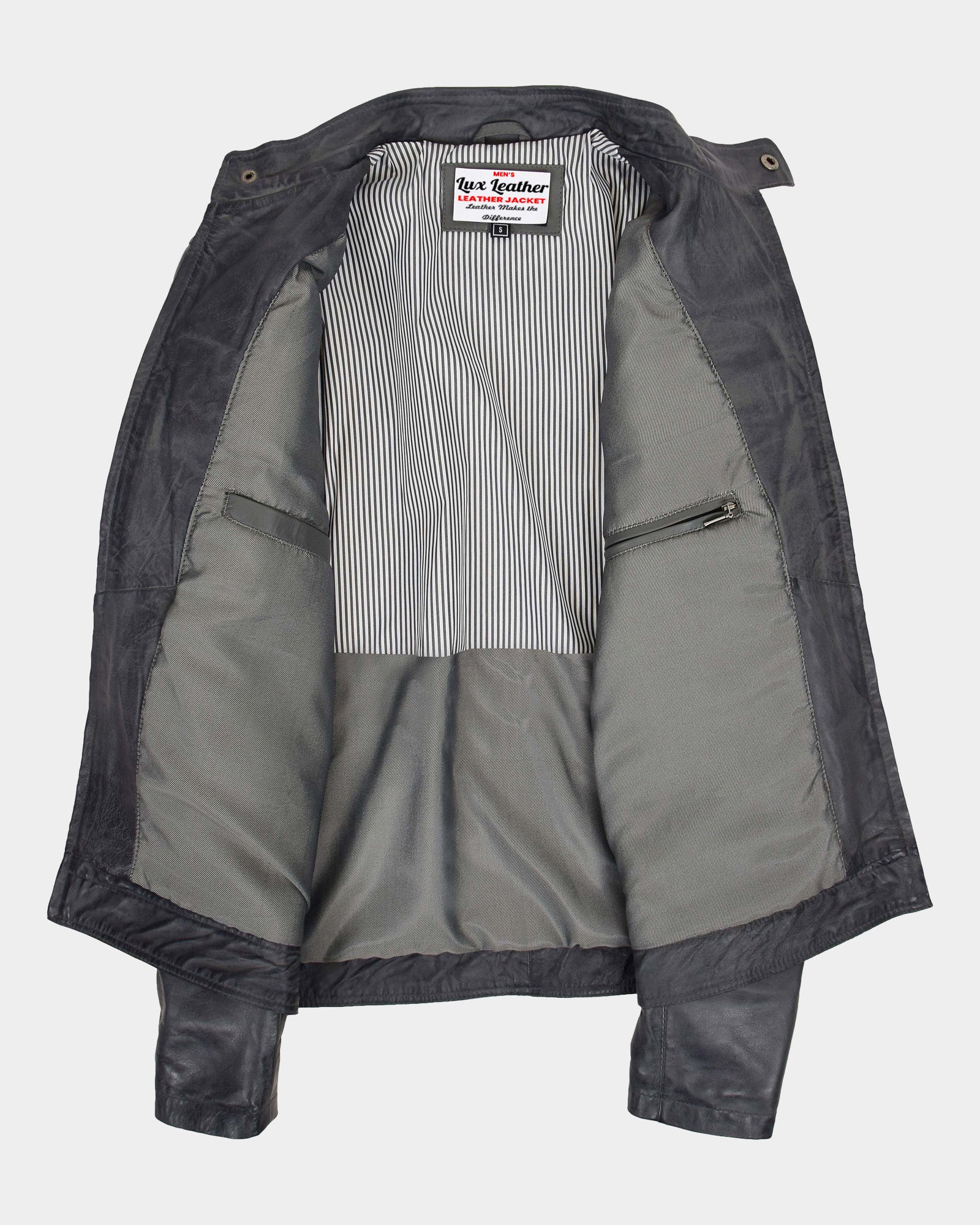 Mens Leather Biker Style Zip Jacket Eddie Essence Grey Two Tone