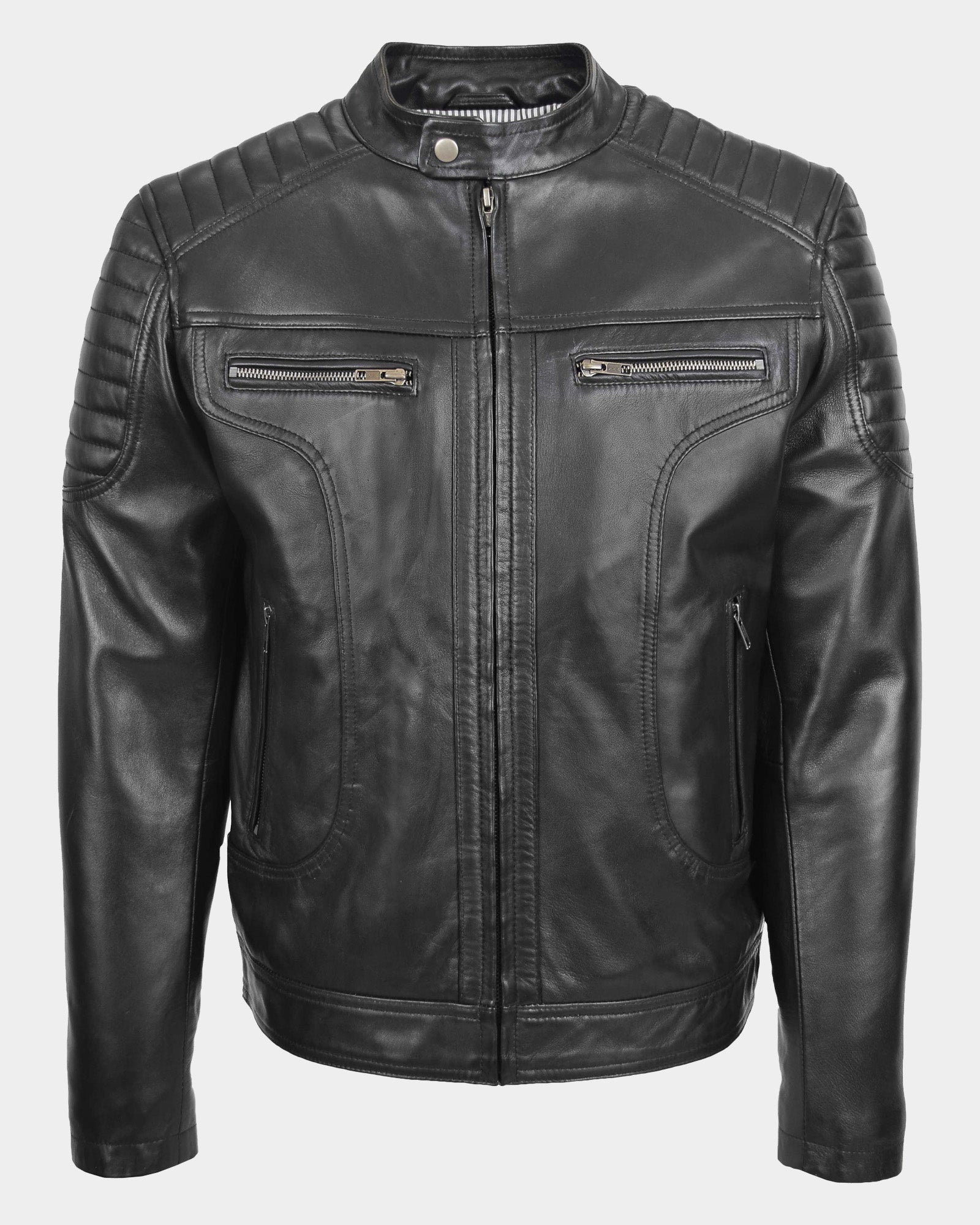 Mens Leather Biker Style Zip Jacket Eddie Essence Nova Black