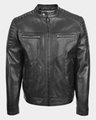 Mens Leather Biker Style Zip Jacket Eddie Essence Nova Black