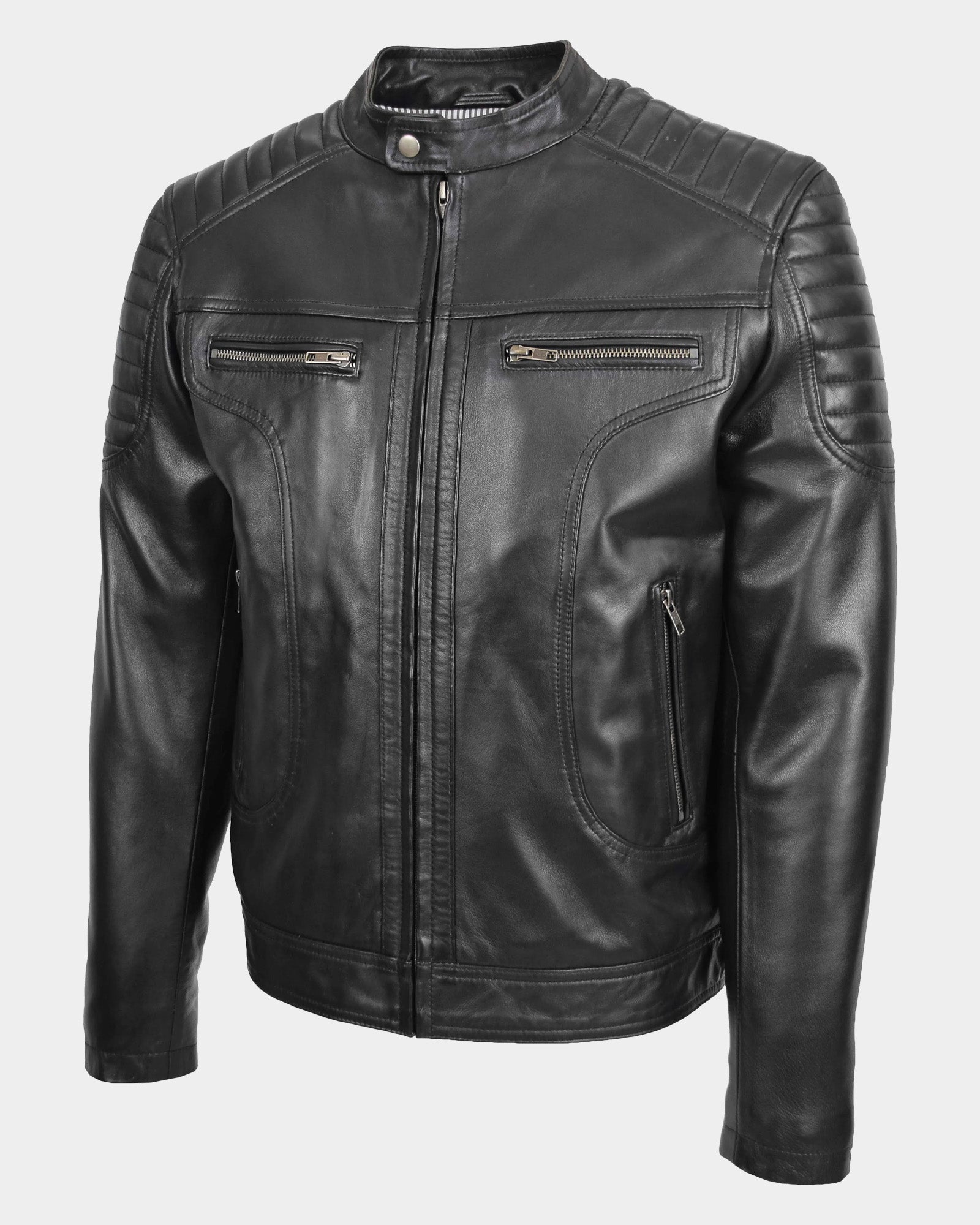 Mens Leather Biker Style Zip Jacket Eddie Essence Nova Black