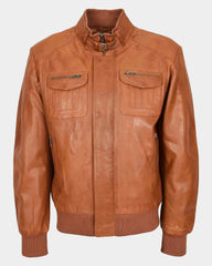 Mens Leather Bomber Flight Jacket Tom Dynamo Tan
