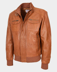 Mens Leather Bomber Flight Jacket Tom Dynamo Tan