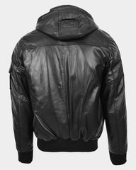 Mens Leather Bomber Jacket with Hoodie Bronx Nova Black