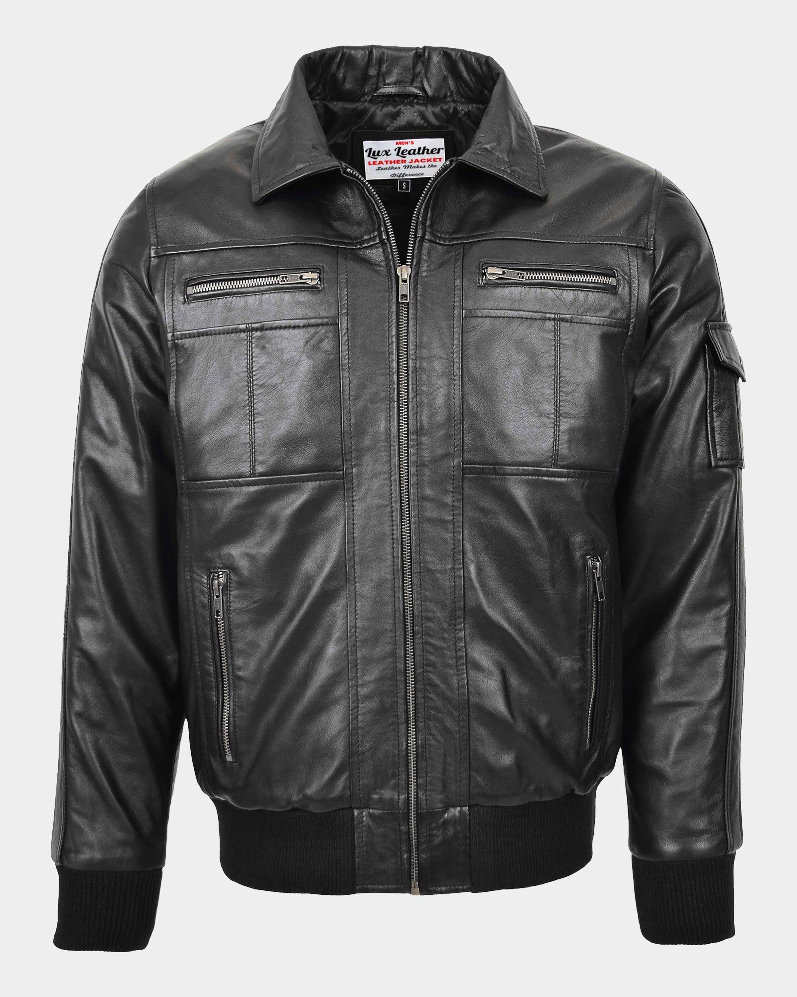 Mens Leather Bomber Jacket with Hoodie Bronx Nova Black