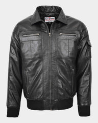 Mens Leather Bomber Jacket with Hoodie Bronx Nova Black