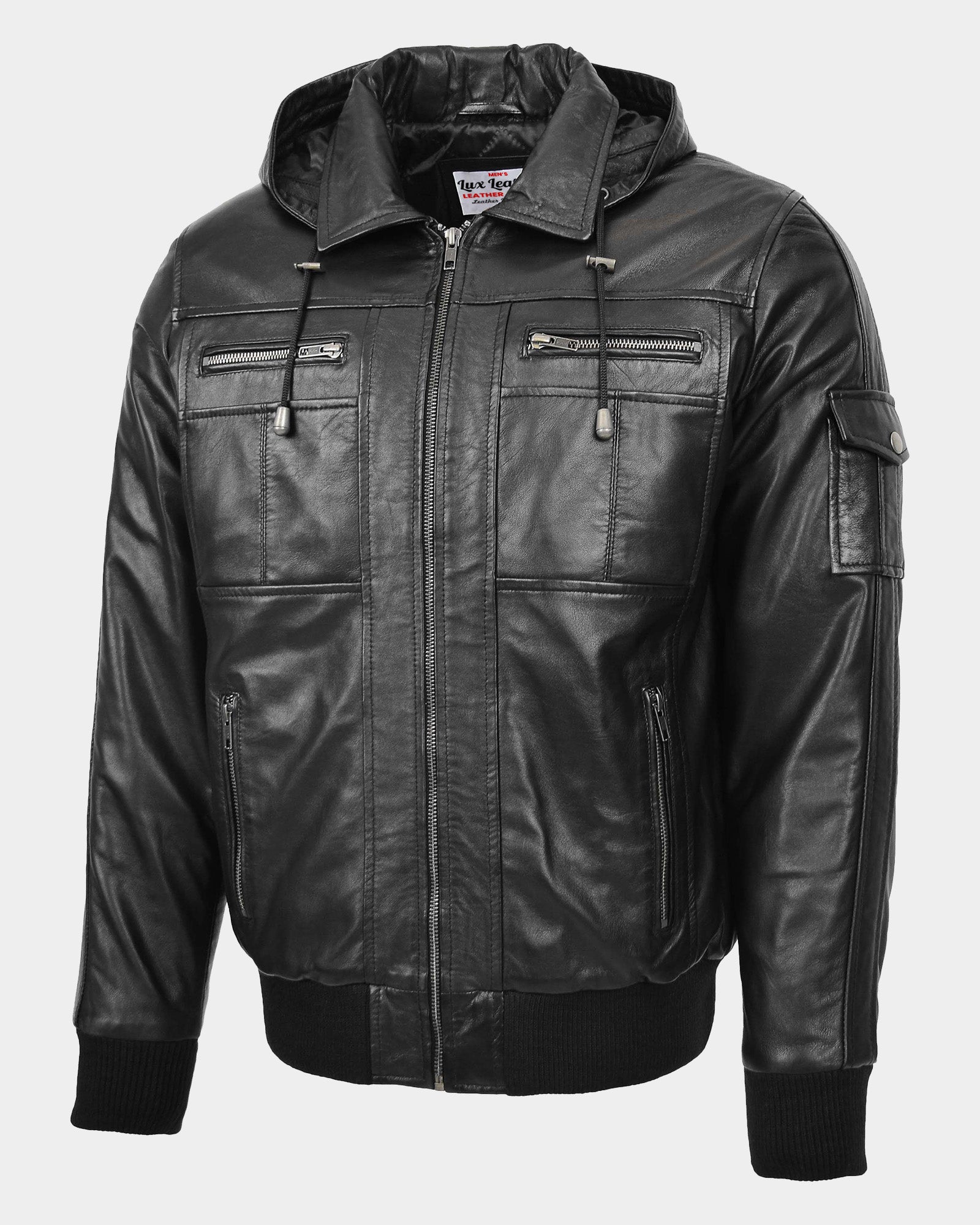 Mens Leather Bomber Jacket with Hoodie Bronx Nova Black