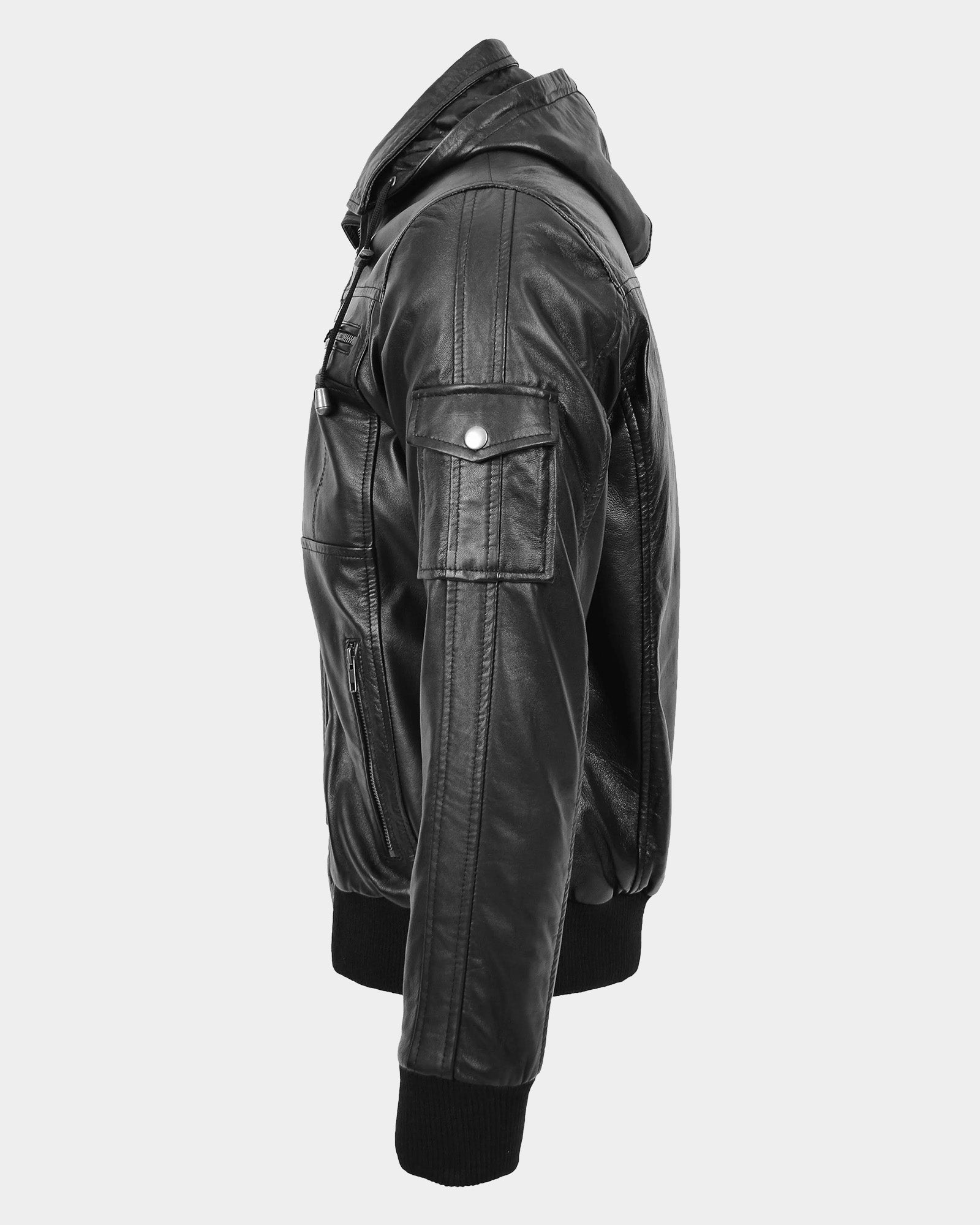 Mens Leather Bomber Jacket with Hoodie Bronx Nova Black