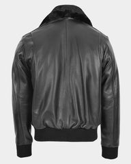 Mens Leather Bomber Pilot Jacket Removable Collar Leroy Nova Black