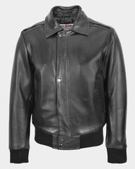 Mens Leather Bomber Pilot Jacket Removable Collar Leroy Nova Black