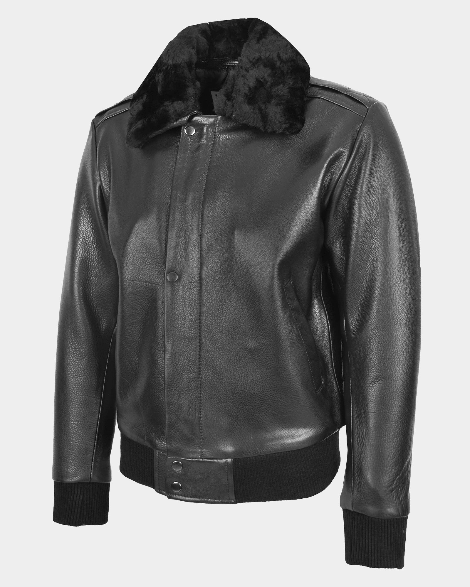 Mens Leather Bomber Pilot Jacket Removable Collar Leroy Nova Black