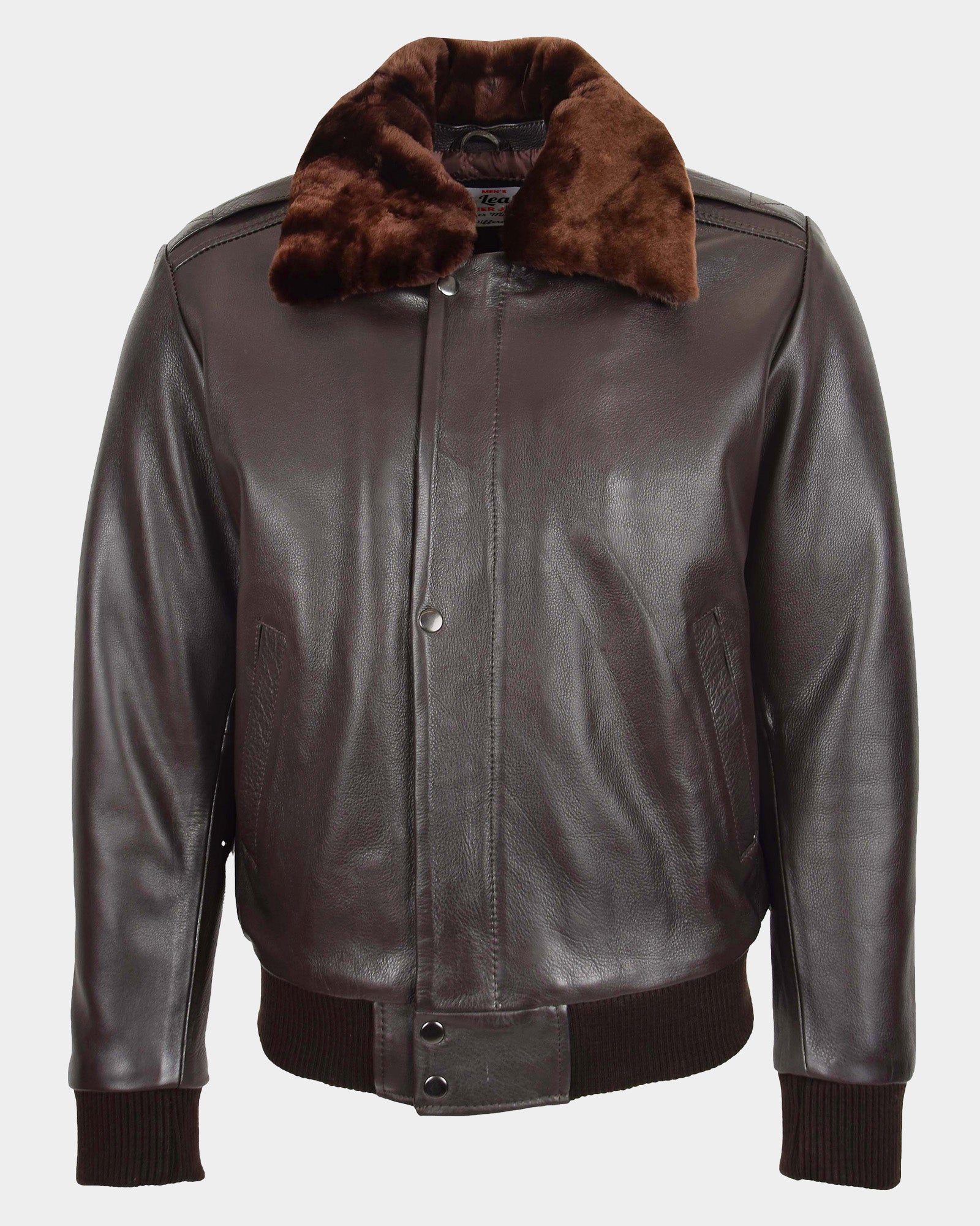 Mens Leather Bomber Pilot Jacket Removable Collar Leroy Zenith Brown