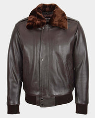Mens Leather Bomber Pilot Jacket Removable Collar Leroy Zenith Brown