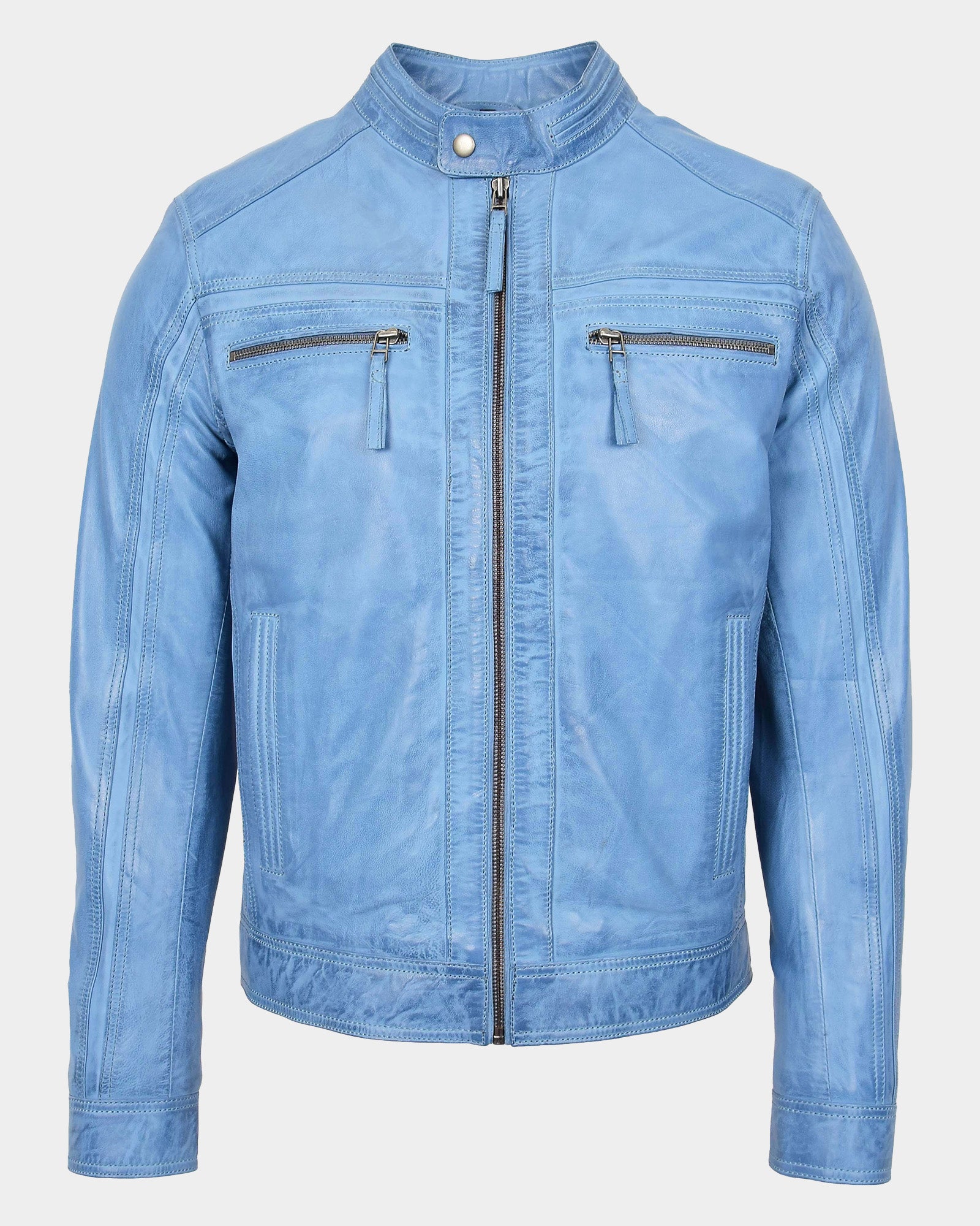 Mens Leather Cafe Racer Biker Jacket Charlie Horizon Sky Blue
