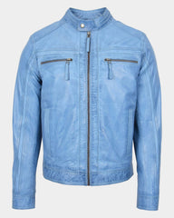 Mens Leather Cafe Racer Biker Jacket Charlie Horizon Sky Blue