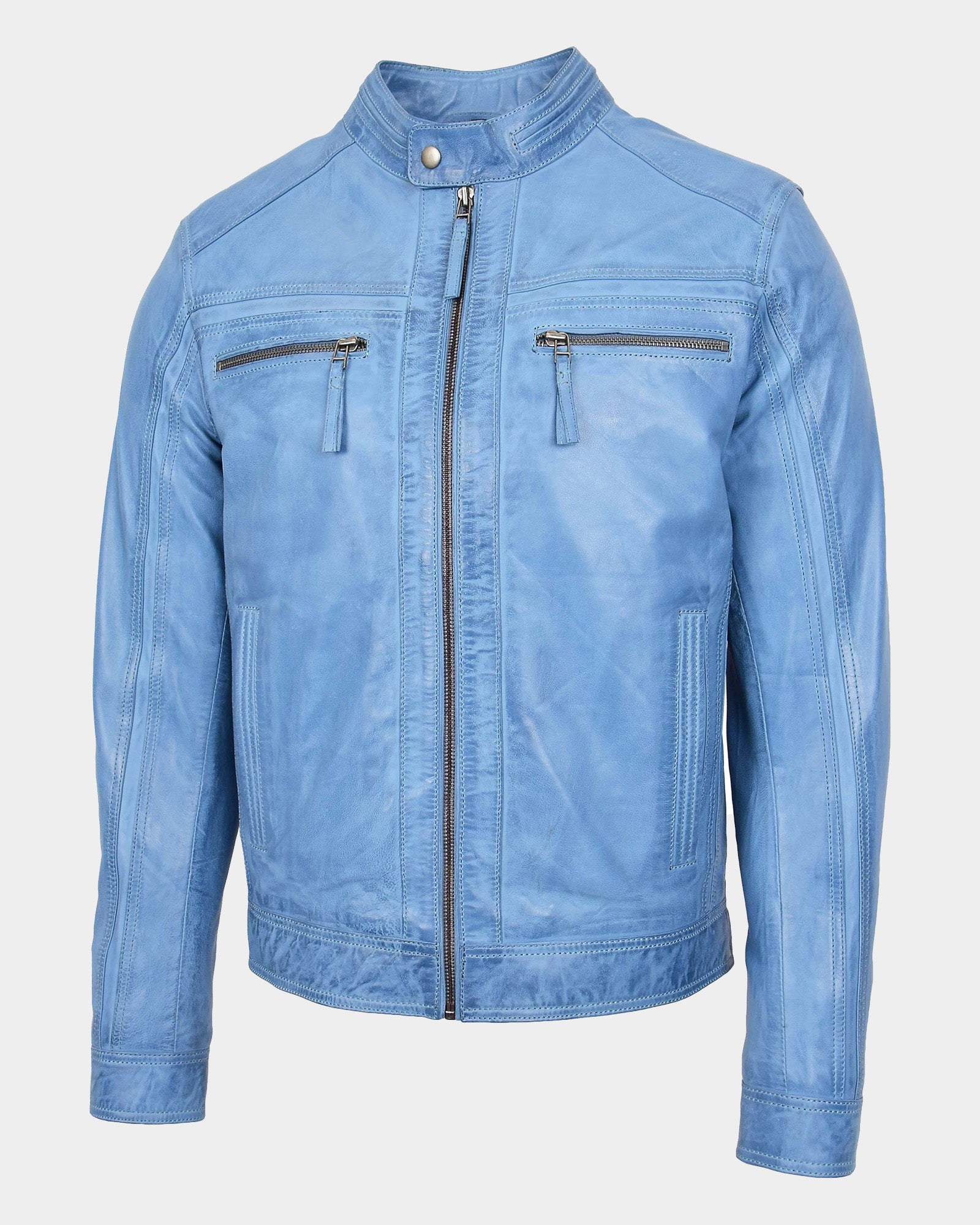 Mens Leather Cafe Racer Biker Jacket Charlie Horizon Sky Blue