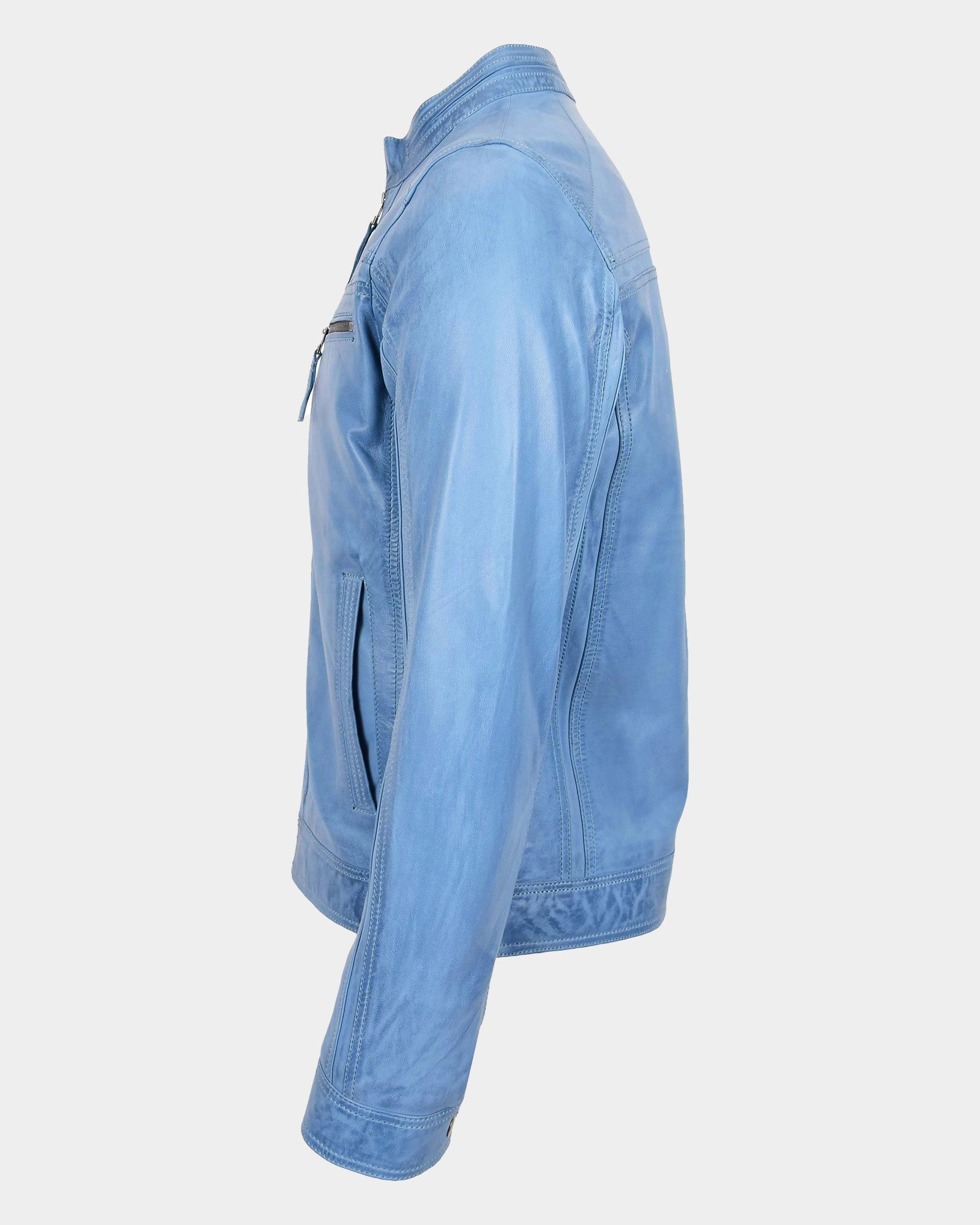 Mens Leather Cafe Racer Biker Jacket Charlie Horizon Sky Blue