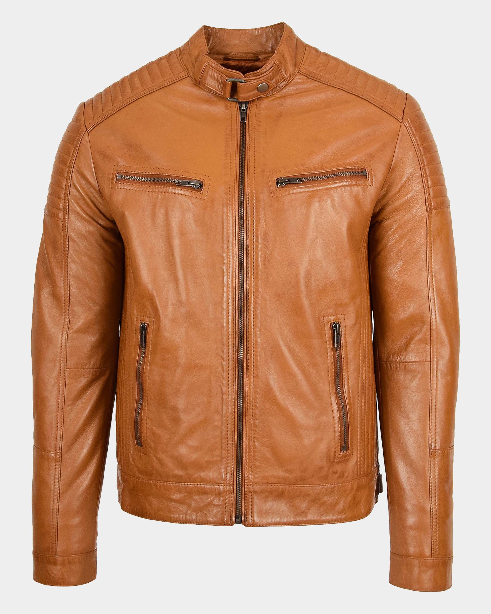 Mens Leather Cafe Racer Biker Jacket Dynamo Tan