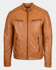 Mens Leather Cafe Racer Biker Jacket Dynamo Tan