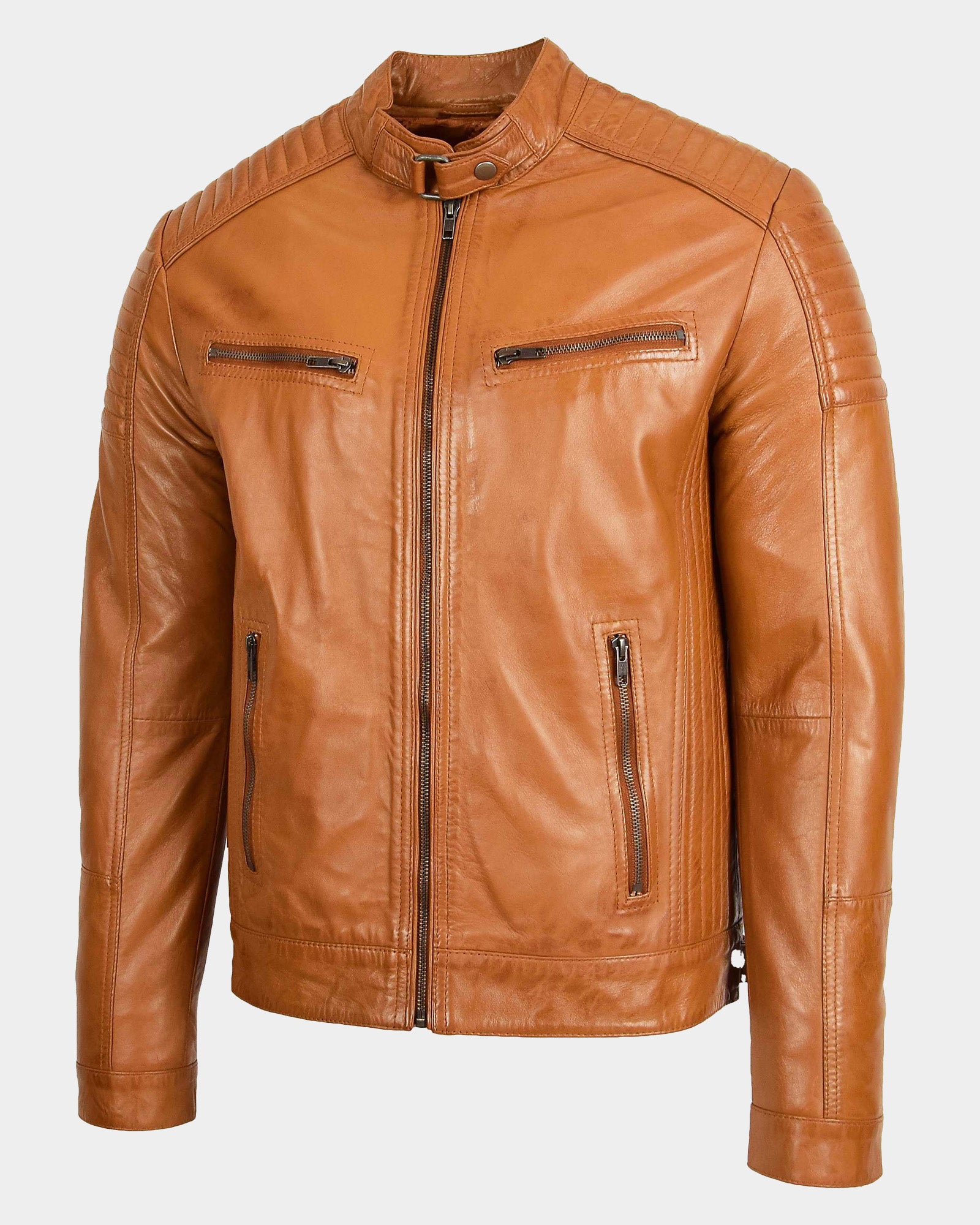 Mens Leather Cafe Racer Biker Jacket Dynamo Tan