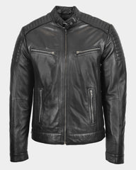 Mens Leather Cafe Racer Biker Jacket Ron Nova Black