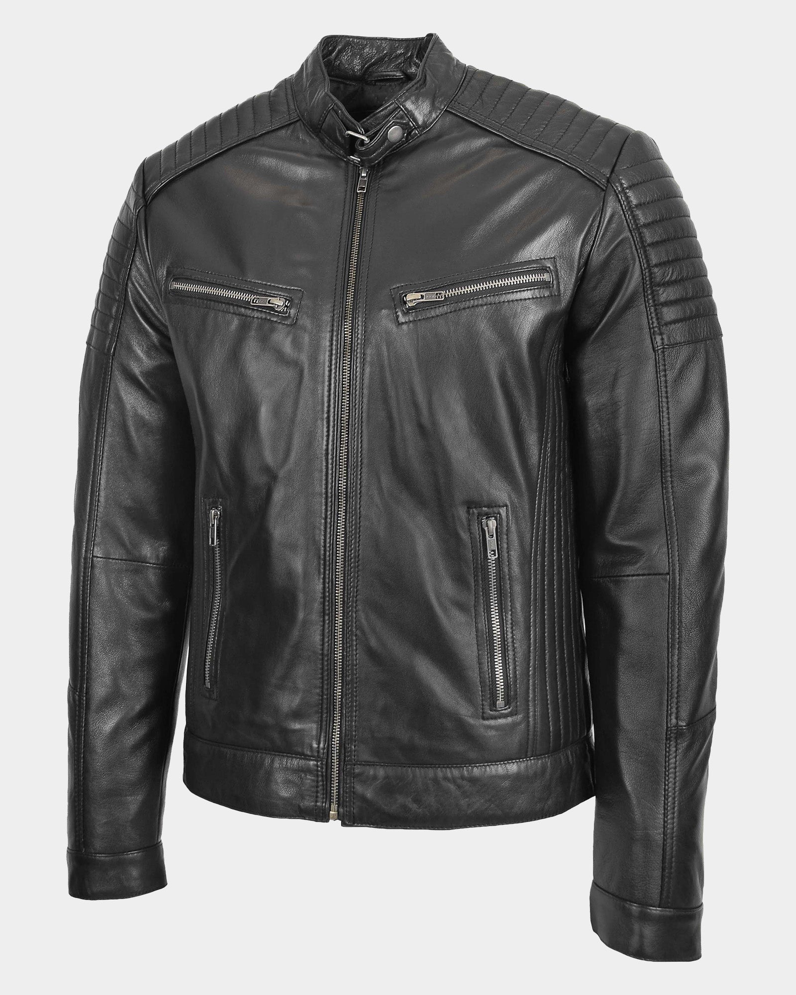 Mens Leather Cafe Racer Biker Jacket Ron Nova Black