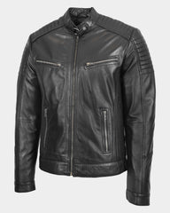 Mens Leather Cafe Racer Biker Jacket Ron Nova Black