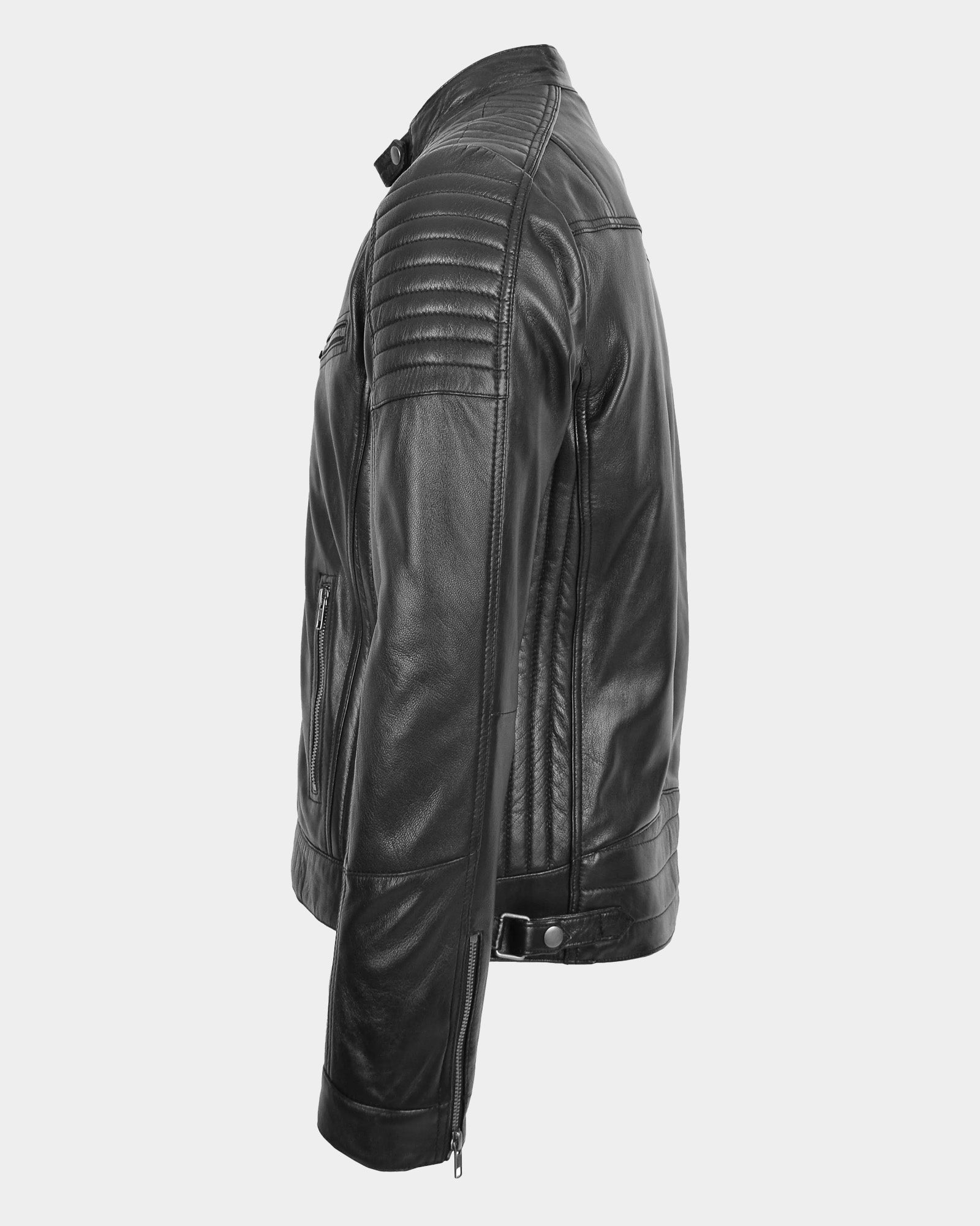 Mens Leather Cafe Racer Biker Jacket Ron Nova Black