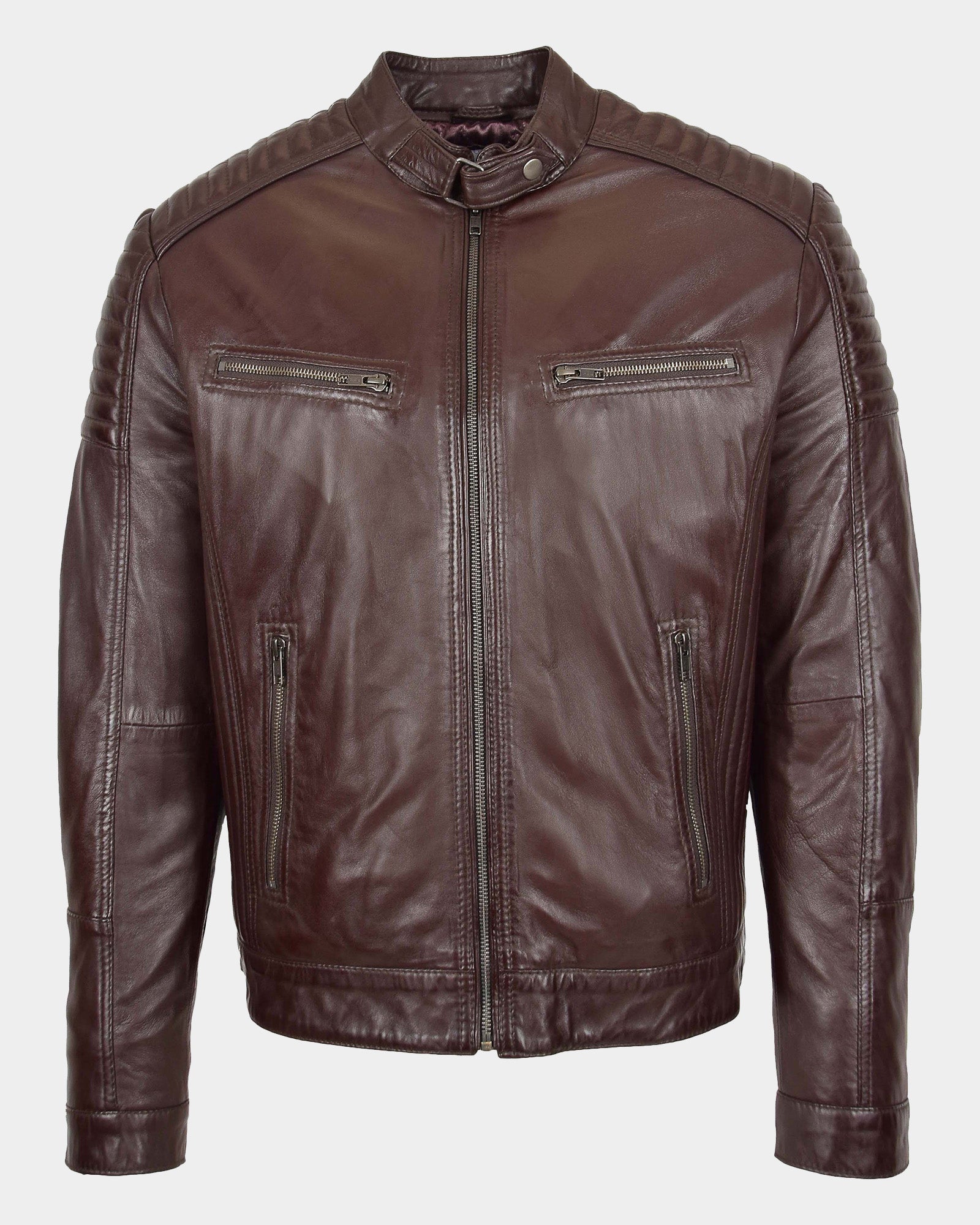 Mens Leather Cafe Racer Biker Jacket Ron Zenith Brown