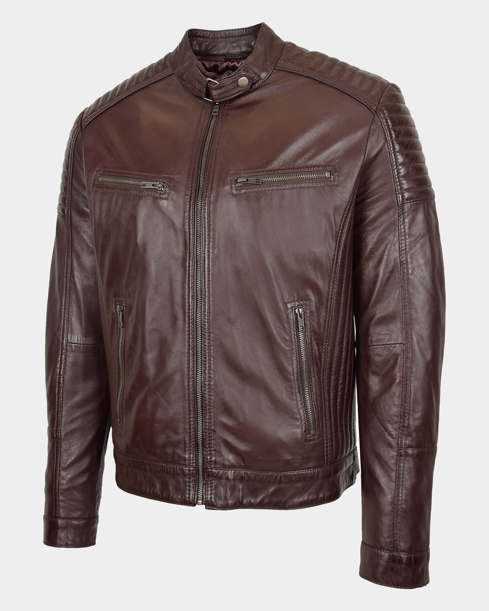 Mens Leather Cafe Racer Biker Jacket Ron Zenith Brown