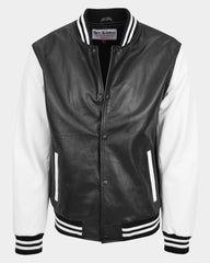 Mens Leather College Boy Varsity Jacket Garry Black Astral White