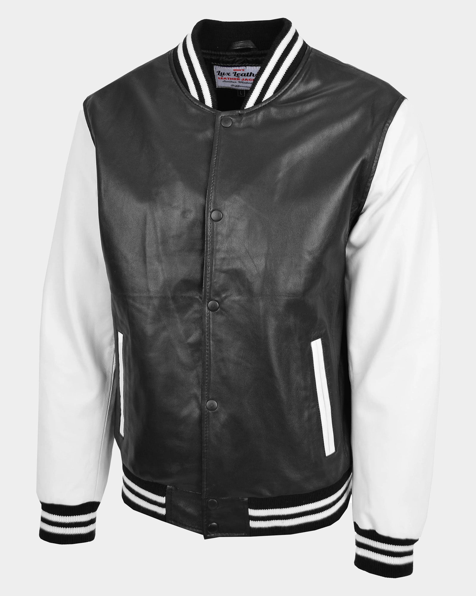 Mens Leather College Boy Varsity Jacket Garry Black Astral White
