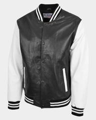 Mens Leather College Boy Varsity Jacket Garry Black Astral White