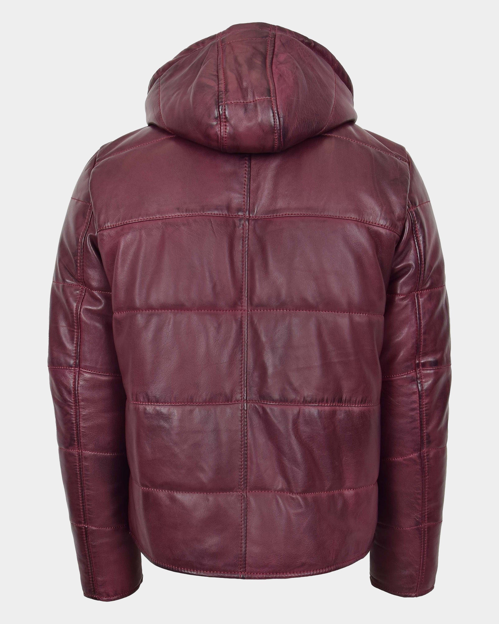 Mens Leather Hooded Puffer Jacket Infinite Burgundy