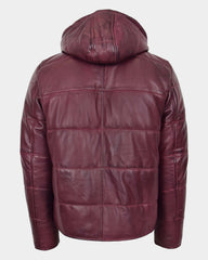 Mens Leather Hooded Puffer Jacket Infinite Burgundy