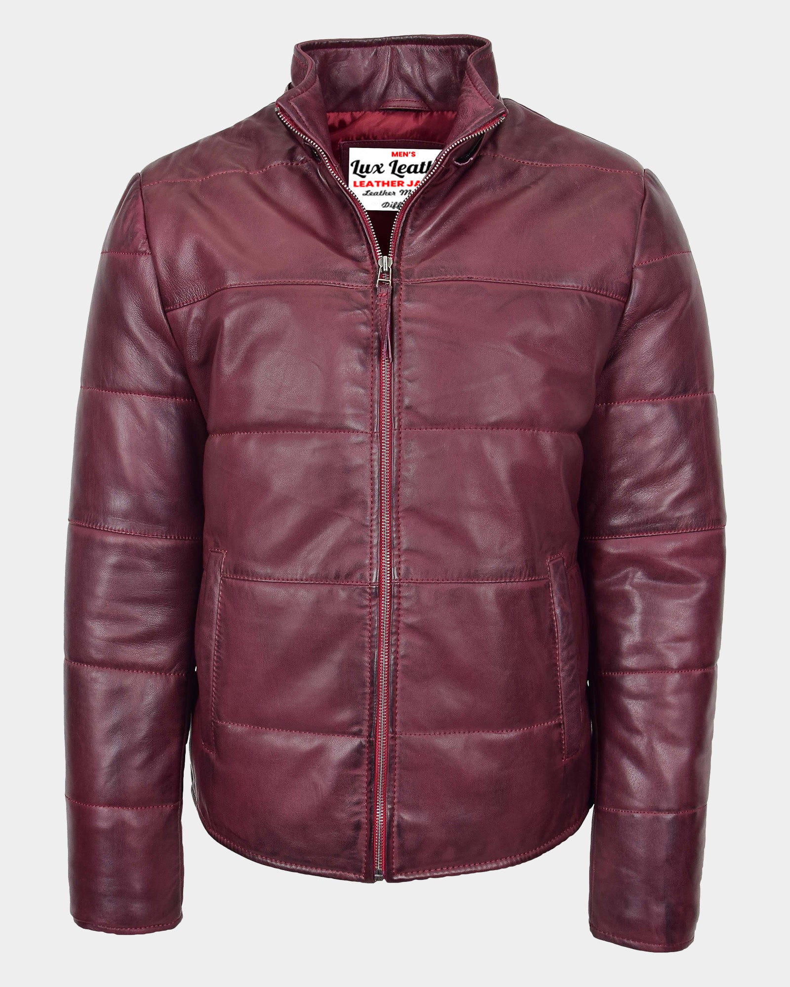 Mens Leather Hooded Puffer Jacket Infinite Burgundy