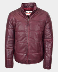 Mens Leather Hooded Puffer Jacket Infinite Burgundy