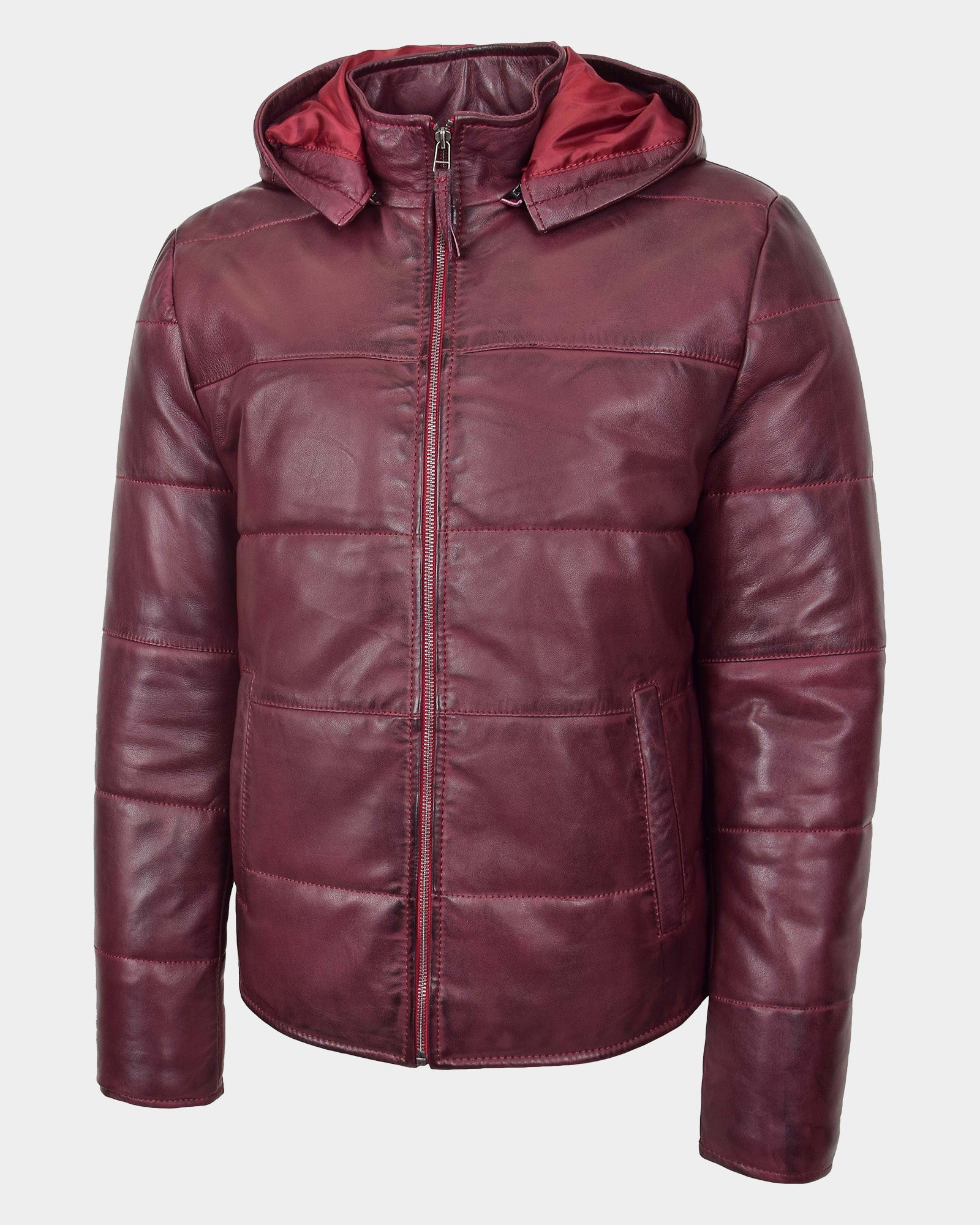 Mens Leather Hooded Puffer Jacket Infinite Burgundy