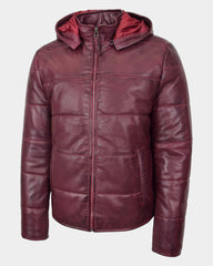 Mens Leather Hooded Puffer Jacket Infinite Burgundy