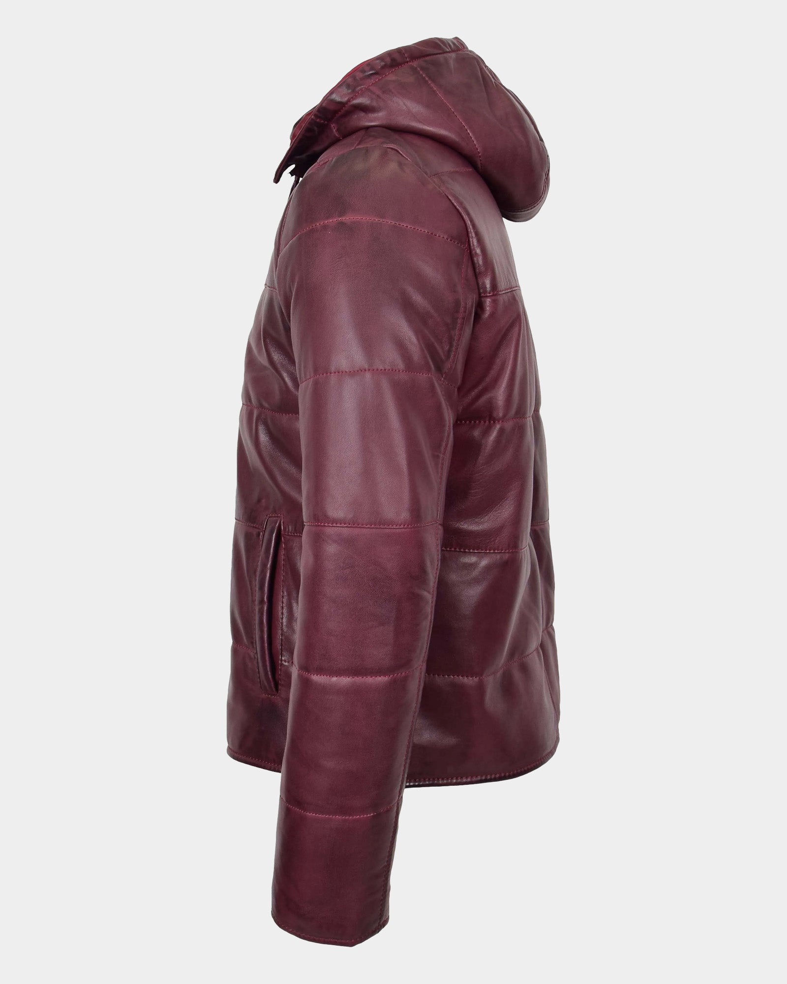 Mens Leather Hooded Puffer Jacket Infinite Burgundy