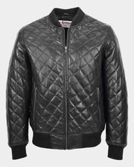 Mens Leather Quilted Bomber Jacket Warren Nova Black