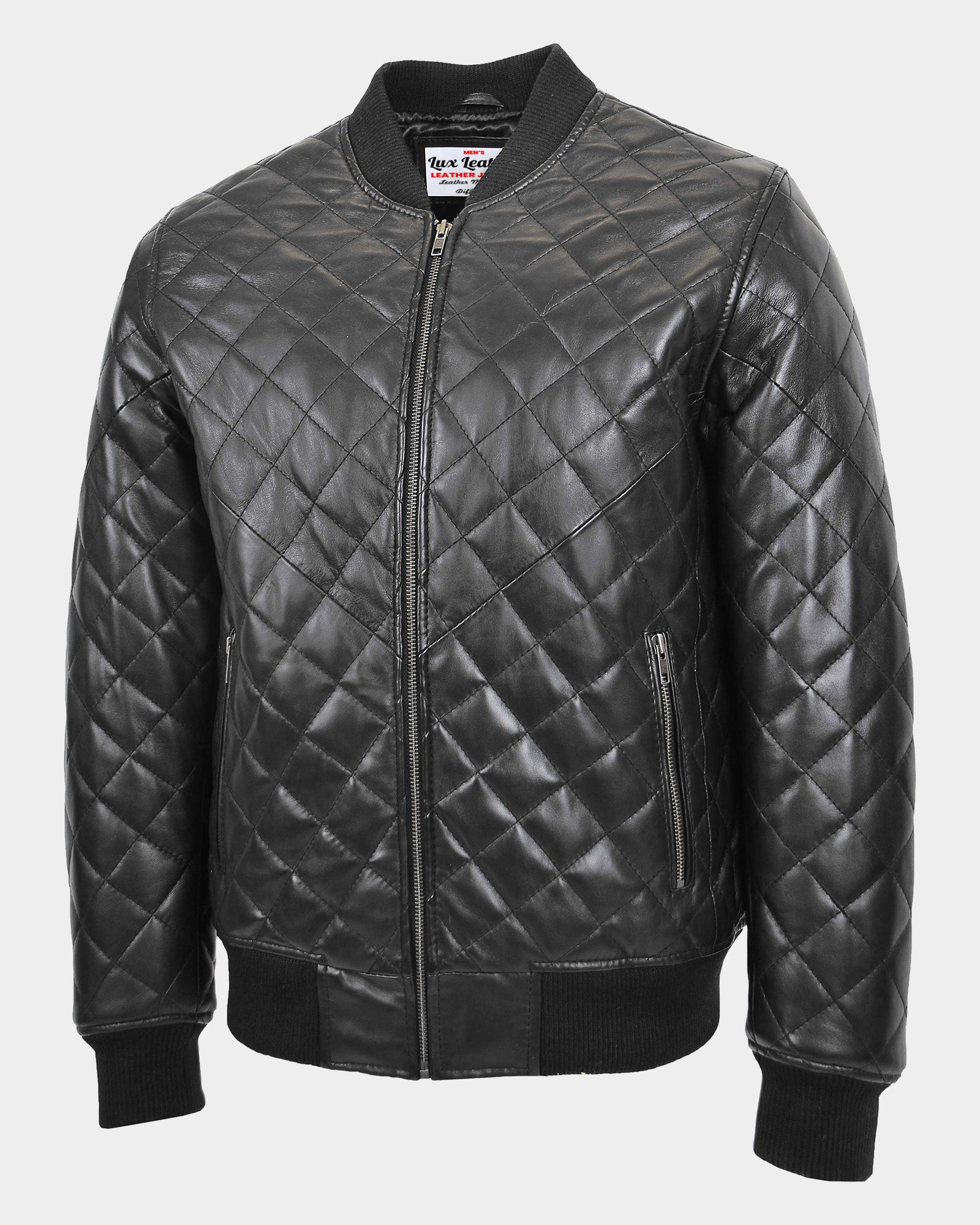 Mens Leather Quilted Bomber Jacket Warren Nova Black