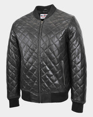 Mens Leather Quilted Bomber Jacket Warren Nova Black