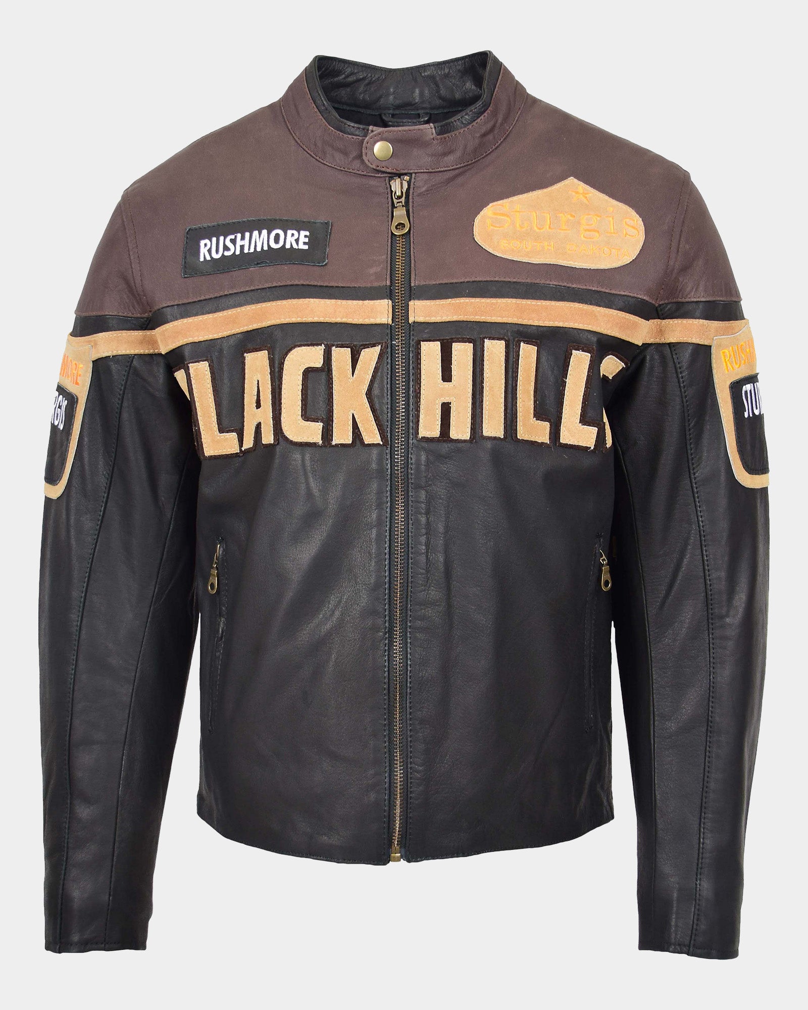 Mens Leather Racing Badges Jacket 'Black Hills' Zenith Brown